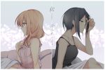  2girls 80mph arm_up bare_shoulders black_hair black_tank_top crying enami_kiyose eyebrows_visible_through_hair green_eyes hand_in_hair hand_on_own_chest knee_up light_brown_hair long_hair multiple_girls pink_tank_top short_hair sitting slow_start split_screen tears tokura_eiko yuri 