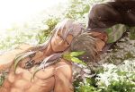  2boys black_coat brown_eyes chest_tattoo closed_eyes dezel_(tales) feathers flower grass grey_hair hair_between_eyes highres jewelry long_hair lying male_focus multiple_boys muscle necklace nidue on_back on_side shirtless smile tales_of_(series) tales_of_zestiria tattoo upper_body white_hair zaveid_(tales) 
