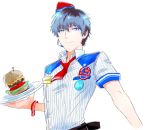  1boy 315diner badge button_badge employee_uniform food garrison_cap hamburger hat headset idolmaster idolmaster_side-m looking_at_viewer male_focus pinstripe_pattern plate red_neckwear short_sleeves smile solo striped takajou_kyouji uniform upper_body waiter 