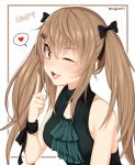  1girl ;3 ;d bangs bare_shoulders black_bow black_dress blue_neckwear blush bow breasts bright_pupils brown_eyes brown_hair character_name child_(isoliya) commentary cravat dress english_commentary eyebrows_visible_through_hair fang girls_frontline hair_between_eyes hair_bow hair_ornament hairclip hand_up heart highres index_finger_raised long_hair looking_at_viewer medium_breasts one_eye_closed open_mouth ribbon shiny shiny_hair sidelocks sleeveless sleeveless_dress smile solo speech_bubble spoken_heart twintails twitter_username two-tone_background ump9_(girls_frontline) wrist_ribbon 