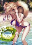  1girl absurdres bangs bare_shoulders blonde_hair blurry blurry_background breasts character_request cleavage day eyebrows_visible_through_hair highres innertube large_breasts long_hair melonbooks one_eye_closed original outdoors parted_lips piromizu scan shiny solo swimsuit teeth water water_drop 