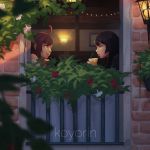  2girls ahoge artist_name black_hair blurry_foreground brown_eyes brown_hair drinking from_outside glass koyorin lips long_hair looking_at_another multiple_girls original smile window 