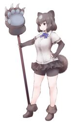  1girl animal_ears bear_ears bear_paw_hammer bear_tail bike_shorts black_eyes black_hair black_skirt blue_neckwear bow bowtie brown_bear_(kemono_friends) elbow_gloves extra_ears eyebrows_visible_through_hair fingerless_gloves full_body gloves hand_on_hip holding holding_weapon ise_(0425) kemono_friends looking_away pleated_skirt shirt short_hair short_sleeves simple_background skirt solo standing tail weapon white_background white_shirt 