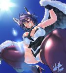  2018 bare_shoulders blue_sky breasts bunnysuit cape dated detached_collar eyepatch from_below fur_trim grin high_heels highres hori_shin jumping kantai_collection looking_down muscle muscular_female necktie purple_hair short_hair sky smile spread_legs sun tenryuu_(kantai_collection) thigh-highs yelow_eyes 