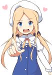  1girl :d abigail_williams_(fate/grand_order) absurdres bangs beret blonde_hair blue_dress blue_eyes blush commentary_request cosplay dress eyebrows_visible_through_hair fate/grand_order fate_(series) forehead hair_ornament hair_scrunchie hat head_tilt heart highres hinatsuru_ai hinatsuru_ai_(cosplay) index_finger_raised long_hair long_sleeves looking_at_viewer low_twintails mitchi open_mouth outstretched_arm parted_bangs puffy_short_sleeves puffy_sleeves ryuuou_no_oshigoto! school_uniform scrunchie short_over_long_sleeves short_sleeves simple_background smile solo twintails very_long_hair white_background white_hat yellow_scrunchie 
