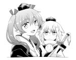  2girls :d ahoge bow eyebrows_visible_through_hair greyscale hair_bow hat head_tilt himekaidou_hatate inubashiri_momiji japanese_clothes long_hair monochrome multiple_girls nibi open_mouth pointy_ears pom_pom_(clothes) smile sword sword_behind_back tokin_hat touhou turtleneck twintails upper_body weapon 
