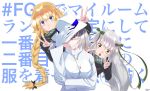  3girls :o absurdres angry black_dress black_ribbon blonde_hair blue_eyes breasts clenched_teeth commentary_request cosplay dated dress fate/grand_order fate_(series) formal gloves green_ribbon hair_ribbon hand_on_headwear hat highres jeanne_d&#039;arc_(alter)_(fate) jeanne_d&#039;arc_(fate) jeanne_d&#039;arc_(fate)_(all) jeanne_d&#039;arc_alter_santa_lily large_breasts long_hair multiple_girls oryou_(fate) oryou_(fate)_(cosplay) red_ribbon ribbon sakamoto_ryouma_(fate) sakamoto_ryouma_(fate)_(cosplay) scarf short_hair signature silver_hair suit teeth tkdsigure v very_long_hair white_gloves white_hat white_suit yellow_eyes 