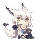  1girl animal animal_ears chibi commentary_request eating egg_yolk eyebrows_visible_through_hair food food_in_mouth fox_ears fox_tail hair_ribbon long_hair looking_at_viewer mouth_hold nagishiro_mito original ribbon silver_hair sitting solo tail toast toast_in_mouth transparent_background yellow_eyes 