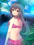  1girl :d bangs bare_arms bare_shoulders bikini bikini_skirt blue_sky blush bow brown_hair clouds cloudy_sky commentary_request day eyebrows_visible_through_hair gradient_hair green_hair hair_between_eyes highres horizon long_hair looking_at_viewer looking_back minami_saki multicolored_hair ocean open_mouth original outdoors palm_tree red_bikini red_bow red_eyes sky smile solo standing swimsuit tree very_long_hair water 