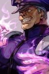  1boy blank_eyes chin evil_grin evil_smile fire glowing glowing_hands grey_background grin hankuri hat male_focus pauldrons purple_fire simple_background smile solo street_fighter vega 