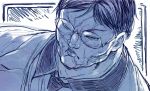  1boy blue character_request closed_mouth collared_shirt commentary_request frown glasses grappler_baki looking_at_viewer male_focus monochrome necktie round_eyewear sakino_shingetsu scar shirt solo ugly_man 
