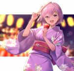  1girl :d blush eyebrows_visible_through_hair fate/grand_order fate_(series) hair_ornament hairclip haru_(hiyori-kohal) japanese_clothes kimono long_sleeves looking_at_viewer mash_kyrielight obi open_mouth pink_hair sash short_hair smile solo violet_eyes wide_sleeves 