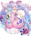 1girl alcohol animal_ears azur_lane bangs bare_shoulders blue_ribbon blush bottle bouquet breasts champagne champagne_bottle collarbone commentary_request dress eyebrows_visible_through_hair flower glint hair_between_eyes hair_flower hair_ornament hairband head_tilt highres holding holding_bottle jewelry laffey_(azur_lane) long_hair looking_at_viewer medium_breasts necklace nyori petals pink_dress pink_flower pink_rose purple_flower purple_rose rabbit_ears red_hairband ribbon ring rose see-through silver_hair solo strapless strapless_dress twintails veil very_long_hair violet_eyes wedding_band white_background white_flower white_rose yellow_flower yellow_rose 