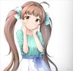  1girl basa_rutan blue_skirt blush bow brown_eyes brown_hair closed_mouth collarbone gradient gradient_background green_bow green_shirt grey_background hair_bow hakozaki_serika hands_on_own_face hands_up highres idolmaster idolmaster_million_live! idolmaster_million_live!_theater_days long_hair pleated_skirt polka_dot_skirt shirt short_sleeves sidelocks signature skirt smile solo twintails very_long_hair white_background 