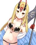  1girl bare_shoulders bikini black_bikini blonde_hair blue_kimono blush breasts brown_eyes closed_mouth collarbone commentary_request facial_mark fate/grand_order fate_(series) forehead_mark groin highres ibaraki_douji_(fate/grand_order) ibaraki_douji_(swimsuit_lancer)_(fate) japanese_clothes kimono kiyomin long_hair long_sleeves looking_at_viewer navel off_shoulder pointy_ears shoulder_tattoo simple_background small_breasts smile solo swimsuit tattoo very_long_hair white_background wings 