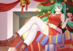 ang_(6107939) aqua_eyes aqua_hair bell boots breasts christmas christmas_ornaments christmas_tree cross-laced_footwear cup drinking_glass eyebrows_visible_through_hair fireplace gift hatsune_miku highres lace-up_boots large_breasts legs_crossed long_hair midriff nail_polish navel smile thigh-highs thighs twintails vocaloid wine_glass 