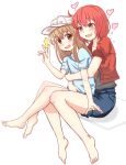  2girls ae-3803 age_difference ahoge barefoot baseball_cap black_shirt blue_shirt blush brown_eyes character_name clothes_writing denim denim_shorts hat hataraku_saibou heart highres hug hug_from_behind jacket light_brown_hair long_hair multiple_girls no_hat no_headwear open_mouth pae_(ac40935_m41) platelet_(hataraku_saibou) red_blood_cell_(hataraku_saibou) red_jacket redhead shirt short_hair shorts simple_background sitting sitting_on_lap sitting_on_person sweat white_background white_hat yellow_eyes yuri 