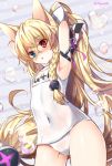 1girl animal_ears armpits arms_up bangs bare_shoulders blonde_hair blue_eyes blush bow braid breasts bubble cat_ears character_name commentary covered_navel cowboy_shot diagonal-striped_background diagonal_stripes eyebrows_visible_through_hair g41_(girls_frontline) girls_frontline hair_between_eyes hair_bow hair_ribbon heart heterochromia long_hair looking_at_viewer low-tied_long_hair mauve name_tag nose_blush parted_lips purple_ribbon red_eyes ribbon school_swimsuit side_braid single_braid small_breasts solo striped striped_background swimsuit twitter_username very_long_hair white_bow white_school_swimsuit white_swimsuit 