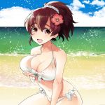  1girl bangs beach bikini breast_hold breasts brown_eyes brown_hair cleavage clouds cloudy_sky commentary_request day droplet eyebrows_visible_through_hair front-tie_bikini front-tie_top girls_und_panzer hair_ornament hair_ribbon hair_scrunchie koyama_yuzu large_breasts looking_at_viewer nakasone_haiji open_mouth outdoors ribbon scrunchie short_hair short_ponytail side-tie_bikini sitting sky smile solo swimsuit wet white_scrunchie 