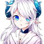  +_+ 1girl 584440827 :t blue_eyes collarbone elf elsword hair_over_one_eye horns long_hair looking_at_viewer lu pointy_ears pout simple_background solo white_background white_hair white_robe 