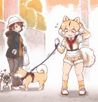  ... 2girls ? animal_ears black_hair blush bucket_hat coat collared_shirt commentary_request dog dog_(kemono_friends) dog_ears dog_tail elbow_gloves eyebrows_visible_through_hair flying_sweatdrops fur_trim gloves hand_in_hair harness hat heart highres hood hood_down kemono_friends leash light_brown_hair long_sleeves mojibake_commentary multicolored_hair multiple_girls necktie original pants partial_commentary pug shiba_inu shirt shoes short_hair short_sleeves shorts sneakers socks spoken_ellipsis sweatdrop t-shirt tail tanaka_kusao white_hair 
