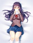  1girl absurdres artist_name bed_sheet blue_skirt blush commentary covering_mouth doki_doki_literature_club english_commentary hair_between_eyes hair_ornament hair_spread_out hairclip highres holding_letter jacket kneehighs koahri letter long_hair love_letter lying on_back pleated_skirt purple_hair school_uniform skirt solo violet_eyes white_legwear yuri_(doki_doki_literature_club) 