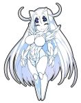  1girl antennae bad_id bad_twitter_id black_outline blue_eyes breasts chibi closed_eyes full_body hair_intakes highres large_breasts legs_together long_hair looking_at_viewer monster_girl multiple_views nude original slugbox smile solo standing very_long_hair white_background white_hair white_skin 