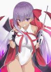  100 1girl :q bb_(fate)_(all) bb_(swimsuit_mooncancer)_(fate) black_coat cowboy_shot fate/grand_order fate_(series) gloves grin highleg highleg_leotard highres holding holding_wand leotard popped_collar purple_hair red_ribbon ribbon simple_background smile solo tan tongue tongue_out violet_eyes wand white_background white_gloves white_leotard 