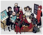  &gt;_&lt; 4girls 6+boys :d ahoge armchair bangs black_coat black_hair black_jacket black_pants black_shirt black_skirt blank_eyes blunt_bangs bridal_gauntlets cape chair character_request chibi closed_eyes coat commentary_request desk dual_persona evil_grin evil_smile facing_viewer fate/grand_order fate_(series) fujimaru_ritsuka_(male) gloves grey_background grey_vest grin hair_over_one_eye hair_slicked_back haori hat holding holding_sword holding_weapon imigimuru jacket japanese_clothes katana long_hair long_sleeves looking_at_viewer multiple_boys multiple_girls neckerchief necktie oda_nobukatsu_(fate/grand_order) oda_nobunaga_(fate) okada_izou_(fate) okita_souji_(alter)_(fate) okita_souji_(fate) okita_souji_(fate)_(all) open_clothes open_coat open_mouth oryou_(fate) pants peaked_cap pink_hair pleated_skirt red_cape red_neckwear sakamoto_ryouma_(fate) scarf scarf_over_mouth shirt sitting skirt smile standing sunglasses sweatdrop sword vest weapon white_gloves white_hair white_hat white_jacket window 