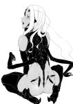  1girl afterimage antennae ass carapace dark_skin earrings from_behind greyscale highres insect_girl jewelry long_hair looking_at_viewer monochrome monster_girl motion_lines multiple_arms nakamura_regura nude open_mouth original sitting solo 