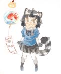  1girl animal_ears arms_at_sides blush bow bowtie commentary_request common_raccoon_(kemono_friends) elbow_gloves eyebrows_visible_through_hair fang fish from_above fur_collar gloves goldfish japari_symbol kemono_friends konabetate nose_blush open_mouth pantyhose paw_print pleated_skirt puffy_sleeves raccoon_ears raccoon_tail skirt solo tail wide-eyed 