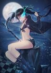  1girl 723/nanahumi asymmetrical_hair black_bikini_top black_footwear black_hair black_jacket black_rock_shooter black_rock_shooter_(character) black_shorts blue_eyes breasts burning_eyes chains cleavage floating_hair front-tie_bikini front-tie_top full_moon hair_between_eyes highres holding holding_sheath jacket long_hair moon night open_clothes open_jacket outdoors parted_lips print_jacket rain sheath short_shorts shorts sitting small_breasts solo star star_print sword twintails very_long_hair weapon 