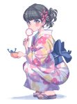  1girl back_bow bangs black_eyes black_hair blue_nails blush bow cream_(nipakupa) earrings eyebrows_visible_through_hair floral_print frog from_side hair_ribbon holding japanese_clothes jewelry kimono kobayashi_aika long_sleeves looking_at_viewer nail_polish obi pink_ribbon poi_(goldfish_scoop) real_life ribbon ring sandals sash seiyuu solo squatting toe_nail_polish white_background 