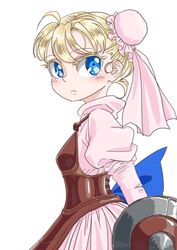  1girl armor blonde_hair blue_eyes bow breasts bun_cover chrono_cross commentary_request corset double_bun dress hair_ornament looking_at_viewer marcy_(chrono_cross) ribbon s-a-murai shield short_hair simple_background small_breasts solo 