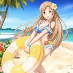  1girl :d arm_strap asuna_(sao) beach bikini blue_bikini blue_bow blue_sky blush bow bracelet breasts brown_eyes brown_hair cleavage day floating_hair flower frilled_bikini frills hair_flower hair_ornament hibiscus holding holding_innertube innertube jewelry jpeg_artifacts long_hair looking_at_viewer medium_breasts ocean official_art open_mouth outdoors palm_tree pink_flower red_flower shiny sky smile solo standing swimsuit sword_art_online transparent tree very_long_hair 