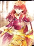  1girl artist_name bandage bandaged_arm bandages breastplate celica_(fire_emblem) closed_mouth fire_emblem fire_emblem_echoes:_mou_hitori_no_eiyuuou fire_emblem_gaiden fire_emblem_heroes holding holding_sword holding_weapon long_hair okii red_eyes redhead shoulder_armor solo sword weapon 