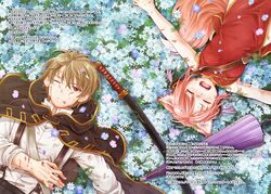  1boy 1girl black_cape black_pants blood brown_hair bruise bruise_on_face cape chawa_(chawawa) china_dress chinese_clothes closed_eyes dress dress_shirt fangs field flower flower_field from_above gintama injury kagura_(gintama) katana lying okita_sougo on_back one_eye_closed open_mouth oriental_umbrella outdoors outstretched_arms pants purple_umbrella red_dress red_eyes sheath sheathed shirt side_slit sleeveless sleeveless_dress suspenders sword umbrella weapon white_shirt 