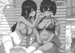  2girls akagi_(kantai_collection) beach_chair blush breasts embarrassed flower greyscale hair_flower hair_ornament kaga_(kantai_collection) kantai_collection large_breasts monochrome multiple_girls shadow shijukara_(great_tit) side_ponytail sitting smile swimsuit 