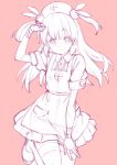  1girl :o apron arm_at_side arm_up bandage bandaged_arm bandages bangs blush breasts bunny_hair_ornament center_frills eyebrows_visible_through_hair graphite_(medium) hair_ornament hat heart heart_print kanzaki_hiro leg_up long_hair looking_at_viewer monochrome natori_sana nurse_cap open_mouth pink_background pocket puffy_short_sleeves puffy_sleeves purple raised_eyebrows sana_channel shoes short_sleeves simple_background sketch sketch_eyebrows sleeve_cuffs small_breasts solo standing standing_on_one_leg traditional_media two_side_up virtual_youtuber wing_collar 