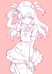  1girl :o apron arm_at_side arm_up bandage bandaged_arm bandages bangs blush breasts bunny_hair_ornament center_frills eyebrows_visible_through_hair graphite_(medium) hair_ornament hat heart heart_print kanzaki_hiro leg_up long_hair looking_at_viewer monochrome natori_sana nurse_cap open_mouth pink_background pocket puffy_short_sleeves puffy_sleeves purple raised_eyebrows sana_channel shoes short_sleeves simple_background sketch sketch_eyebrows sleeve_cuffs small_breasts solo standing standing_on_one_leg traditional_media two_side_up virtual_youtuber wing_collar 