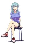  1girl :d alternate_costume aqua_hair arms_at_sides bangs black_legwear black_shorts blue_eyes blue_shirt blush breasts commentary_request eyebrows_visible_through_hair full_body hair_between_eyes hair_ornament hairclip ishii_hisao kantai_collection legs_crossed long_hair looking_away looking_to_the_side medium_breasts open_mouth red_footwear round_teeth shirt shoe_ribbon shoes short_sleeves shorts simple_background smile socks solo stool straight_hair suzuya_(kantai_collection) teeth upper_teeth v-neck white_background 