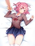  1girl 3: absurdres bed_sheet blue_skirt blush commentary doki_doki_literature_club english_commentary eyebrows_visible_through_hair hair_ornament hairclip hand_holding highres jacket koahri looking_at_viewer lying natsuki_(doki_doki_literature_club) on_back pink_hair pleated_skirt pov pov_hands red_ribbon ribbon school_uniform short_hair skirt solo_focus thigh-highs two_side_up white_legwear 