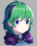  1girl blue_eyes closed_mouth fire_emblem fire_emblem:_rekka_no_ken green_hair grey_background hairband nino_(fire_emblem) purple_hairband ringozaka_mariko short_hair simple_background smile solo 