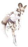  1girl african_wild_dog_(kemono_friends) african_wild_dog_print animal_ears black_hair black_neckwear boots bow bowtie cross-laced_footwear cutoffs dog_ears dog_tail extra_ears eyebrows_visible_through_hair full_body grey_hair ise_(0425) kemono_friends knee_boots long_sleeves looking_away micro_shorts multicolored_hair pantyhose print_legwear print_sleeves shirt short_over_long_sleeves short_sleeves shorts simple_background solo standing standing_on_one_leg tail tiptoes white_background white_footwear white_shirt 