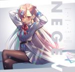 1girl bangs belt black_legwear blush bow braid breasts character_name collared_jacket eyebrows_visible_through_hair eyes_visible_through_hair girls_frontline gloves hair_between_eyes hair_bow hair_ornament hair_ribbon hair_tie_in_mouth hairclip hexagram jacket legs_crossed long_hair long_sleeves looking_at_viewer mouth_hold negev_(girls_frontline) one_side_up pantyhose pink_hair pleated_skirt red_bow red_eyes ribbon ronica shirt side_braid sidelocks sitting skirt smile solo star_of_david tying_hair white_gloves white_skirt 
