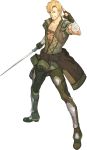  1boy abs absurdres bandage blonde_hair boots brown_eyes fingerless_gloves fire_emblem fire_emblem_echoes:_mou_hitori_no_eiyuuou full_body gloves hidari_(left_side) highres jesse_(fire_emblem) male_focus official_art open_clothes open_shirt solo sword transparent_background weapon 