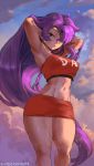  1girl arms_up blue_eyes breasts curvy cutesexyrobutts dark_skin earrings hair_over_one_eye highres jewelry long_hair looking_at_viewer medium_breasts navel pointy_ears ponytail purple_hair shantae_(character) shantae_(series) shorts signature solo thick_thighs thighs very_long_hair 