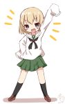  1girl :d alternate_costume arm_up artist_name bangs black_legwear black_neckwear blonde_hair blouse blue_eyes blush_stickers brown_footwear commentary dated eyebrows_visible_through_hair fang full_body girls_und_panzer green_skirt hand_on_hip katyusha loafers long_sleeves looking_at_viewer miniskirt neckerchief notice_lines ooarai_school_uniform open_mouth oversized_clothes pleated_skirt pumo_(kapuchiya) school_uniform serafuku shadow shoes short_hair signature skirt sleeves_past_wrists smile socks solo standing v-shaped_eyebrows watermark white_background white_blouse 