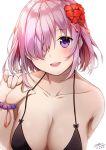  1girl bangs beads bikini_top blush bracelet breasts cleavage dated fate/grand_order fate_(series) flower hair_flower hair_ornament hair_ribbon jewelry large_breasts looking_at_viewer mash_kyrielight ribbon short_hair sideboob simple_background solo swimsuit upper_body white_background yeoohdam 