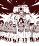  6+girls alina_(girls_und_panzer) bangs carrying clara_(girls_und_panzer) closed_mouth commentary crossed_arms emblem extra eyebrows_visible_through_hair fang frown fur_hat girls_und_panzer glasses greyscale ground_vehicle halftone hand_on_hip hand_on_own_knee hat highres jacket katyusha leaning_forward loafers long_hair long_sleeves looking_at_viewer military military_vehicle miniskirt monochrome motor_vehicle multiple_girls nina_(girls_und_panzer) nonna open_mouth pleated_skirt pravda_school_uniform round_eyewear sabaku_chitai school_uniform shadow shirt shoes short_hair shoulder_carry skirt sleeves_rolled_up smile socks standing standing_at_attention swept_bangs t-34 tank tank_helmet turtleneck ushanka v-shaped_eyebrows 